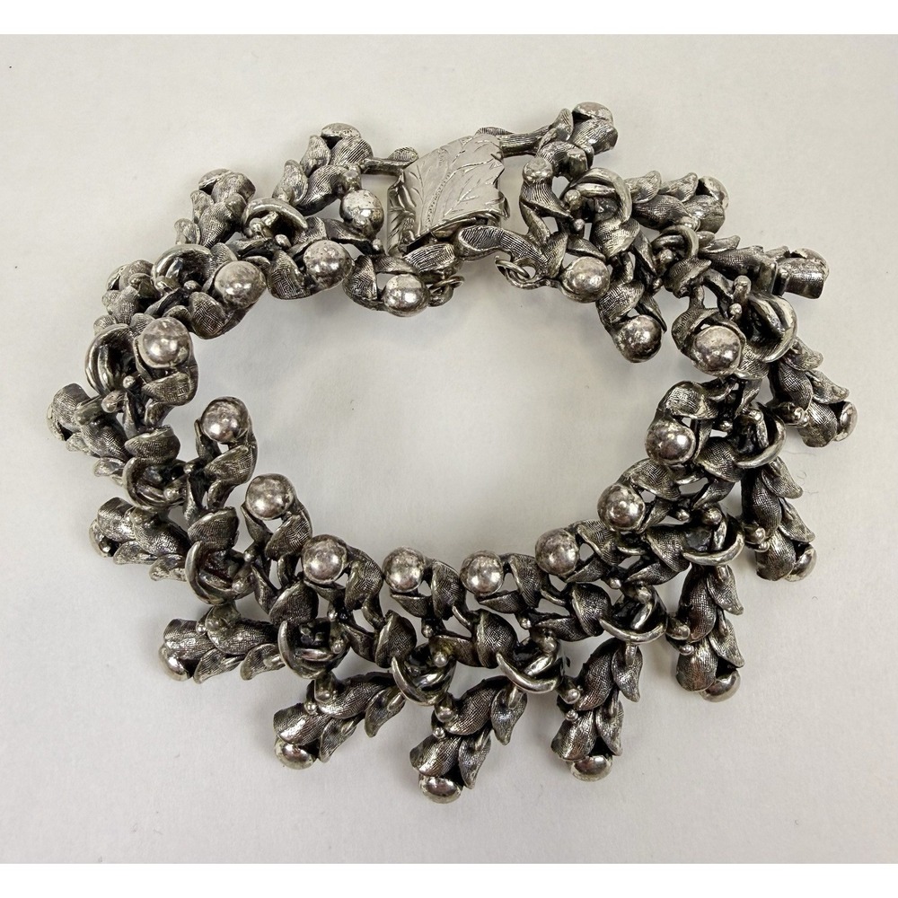 Vintage Tortolani Flower Rose Bud Link Bracelet Signed Pewter Ornate